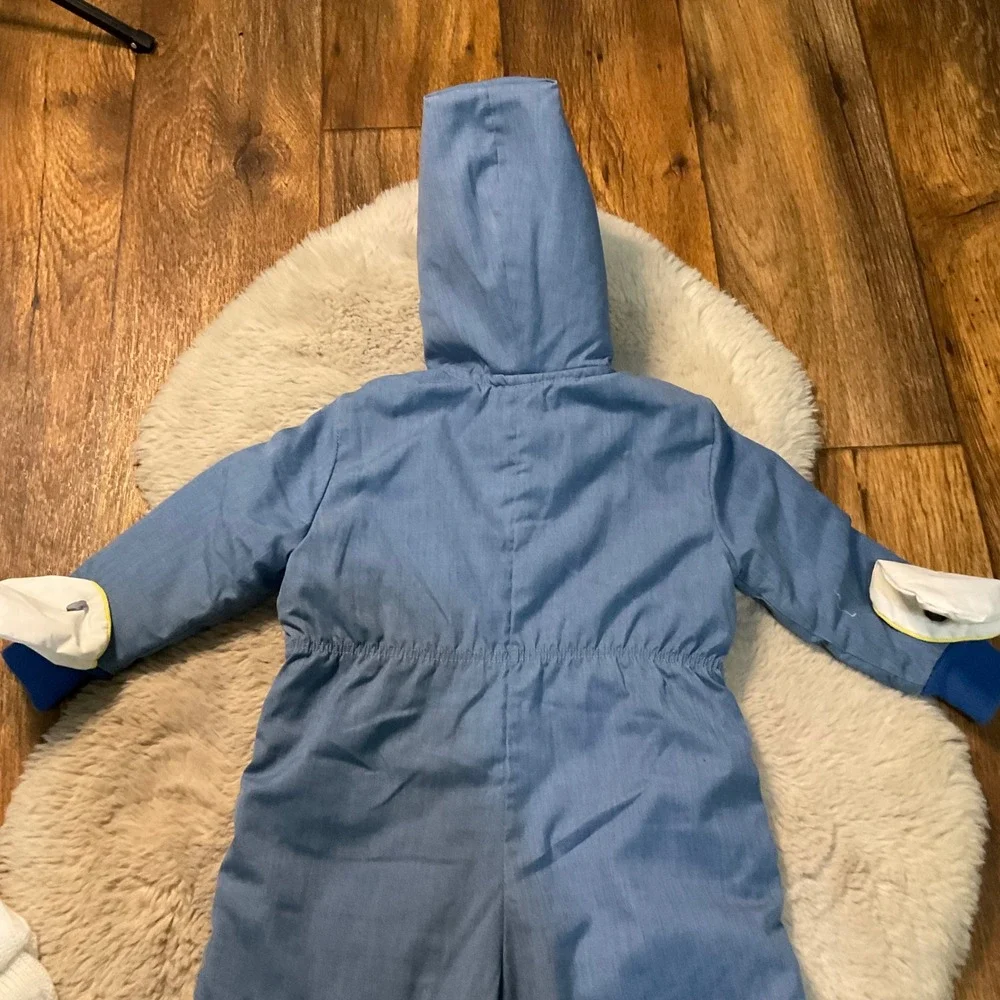 Vintage Snowsuit Baby Bunting Blue Embroidered Hand Foot Covers Removable Hooded